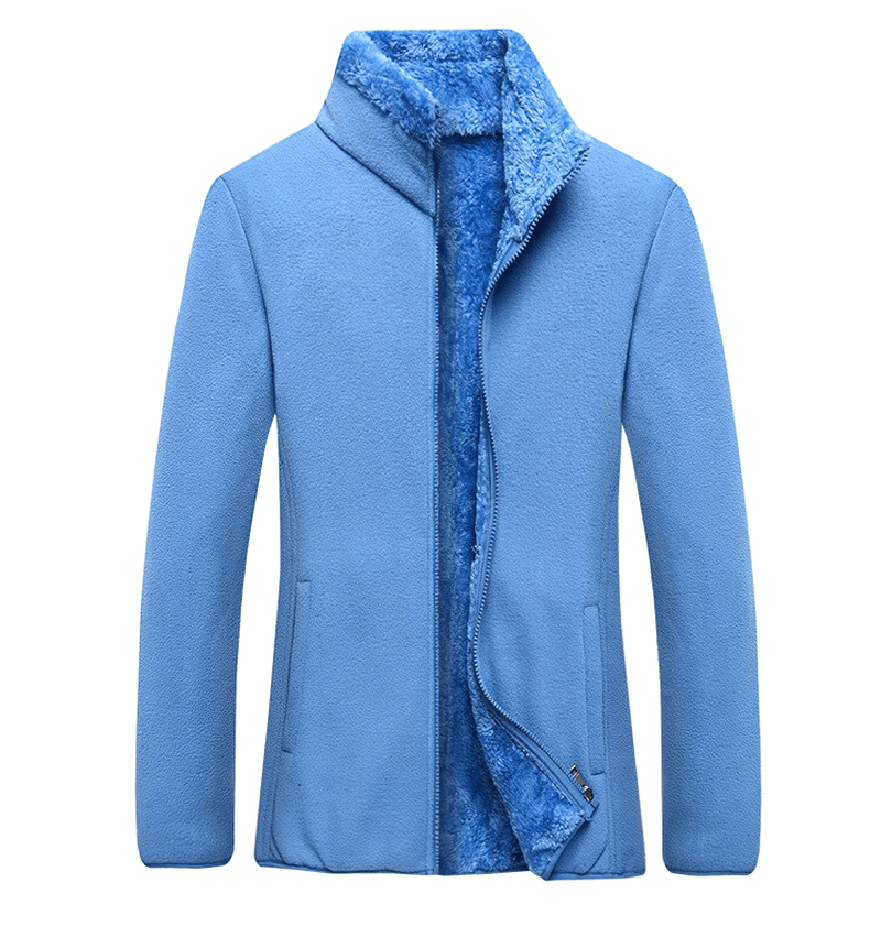 Blue thermal fleece jacket with stand collar, perfect for outdoor sports like hiking and camping, featuring a stylish zipper design.